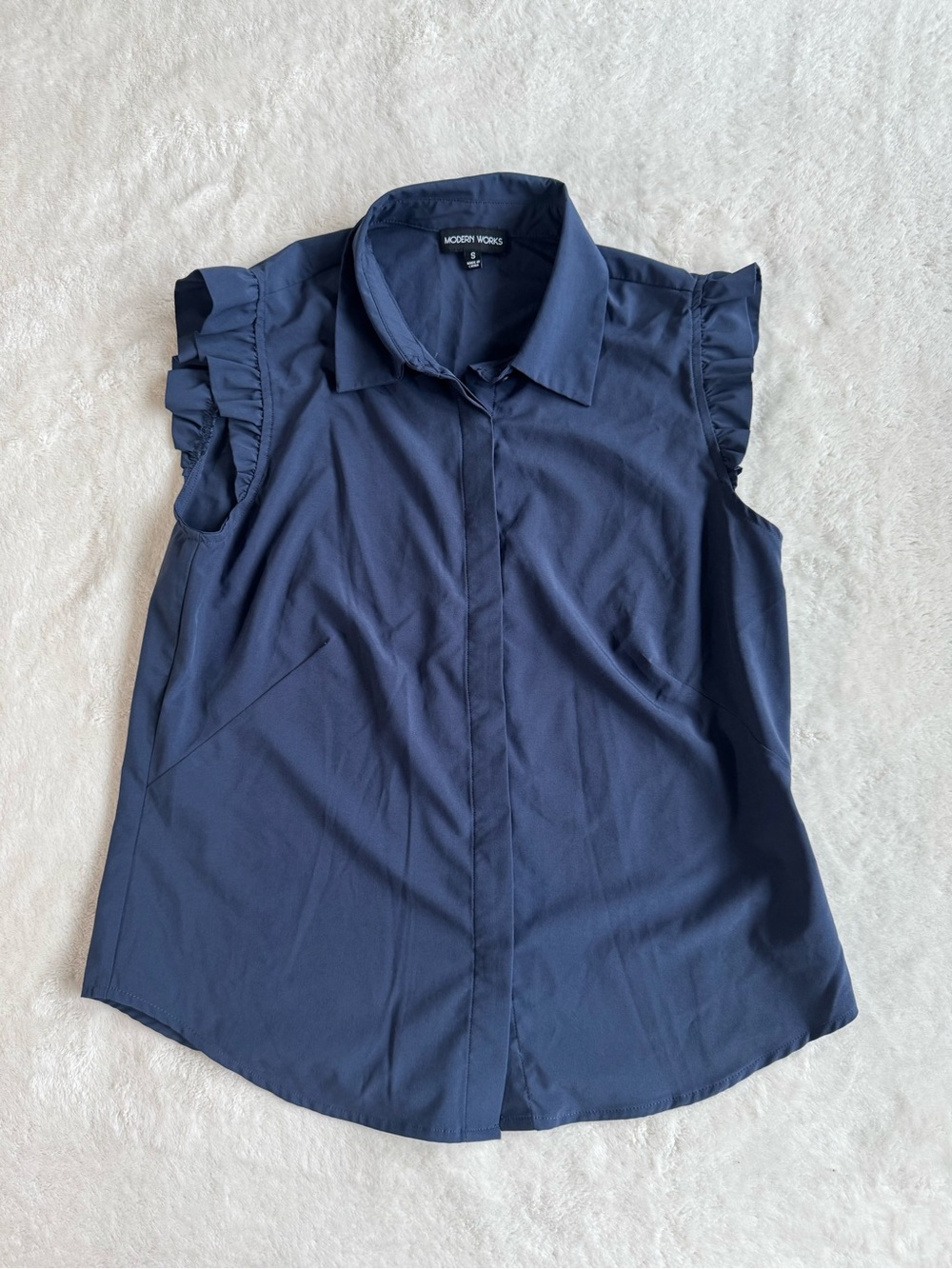 Modern Works Navy Ruffle-Sleeve Collared Button-Down Blouse S